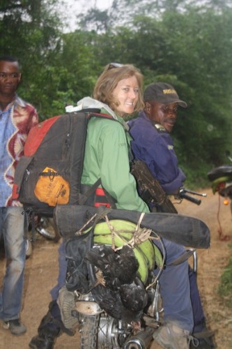 The communications team travelled by motorbike to the Tumba-Lediima Reserve, accompanied by local government officials, police, and some chickens. Babatope Akinwande.