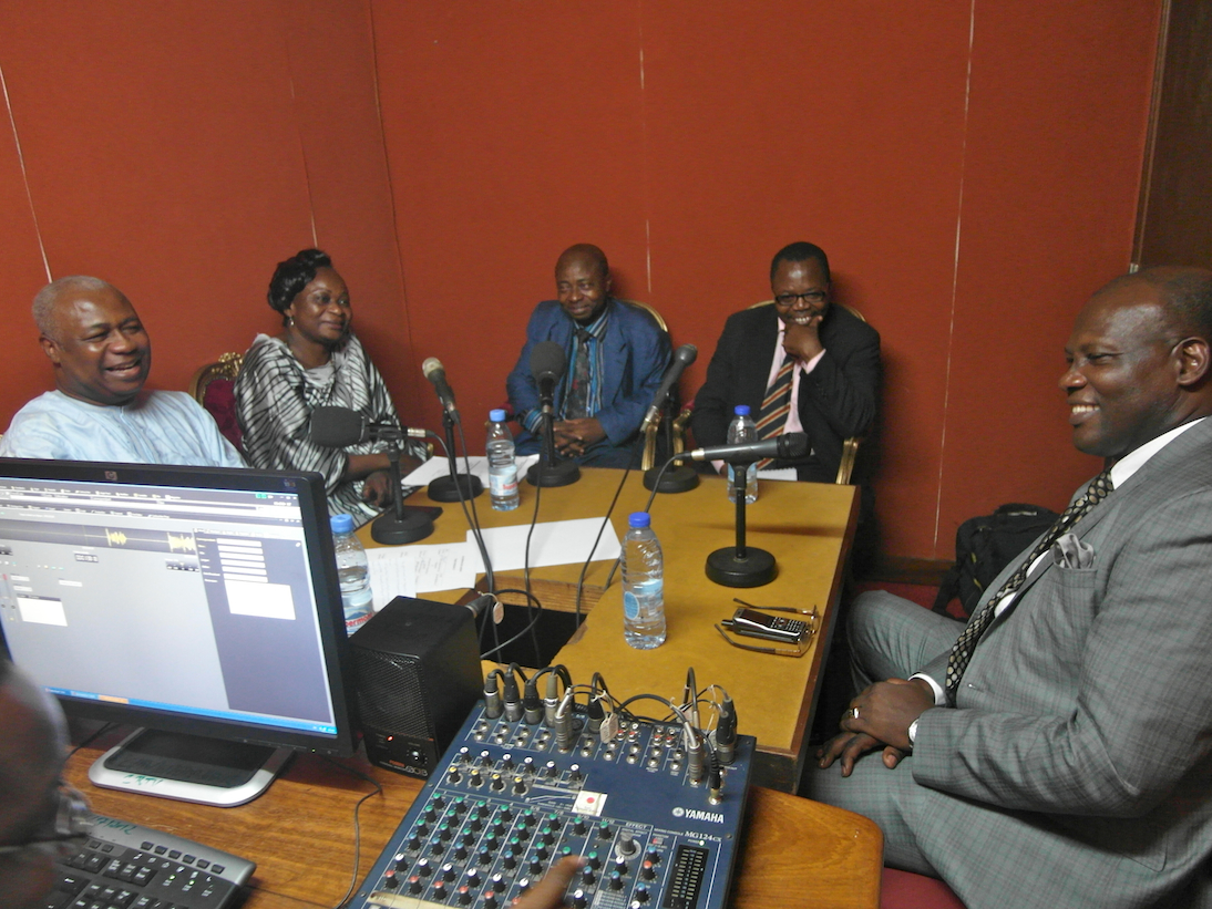 CIFOR Senior Scientist and COBAM Programme Coordinator, Anne-Marie Tiani discussing climate change adaptation and mitigation in the studio of Cameroon Radio and Television (CRTV).